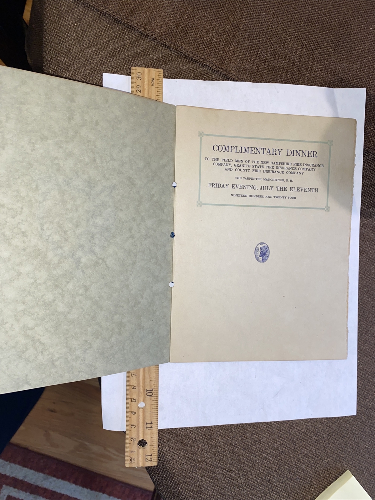VINTAGE 1924 NEW HAMPSHIRE FIRE INSURANCE COMPANY 1924 DINNER MENU PROGRAM LOOK