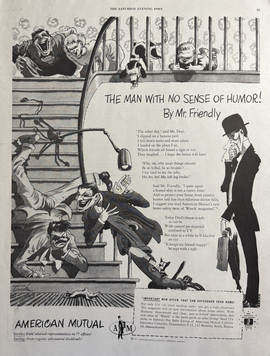 American Mutual Liability insurance Co Boston Man Sense humor VTG Print Ad 1952