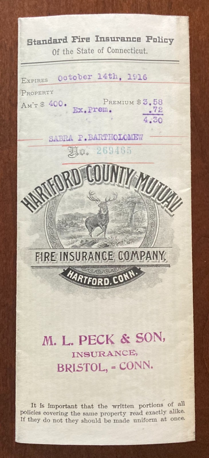 HARTFORD, CT HARTFORD COUNTY MUTUAL FIRE INSURANCE CO. POLICY, Feb. 1914 to 1916