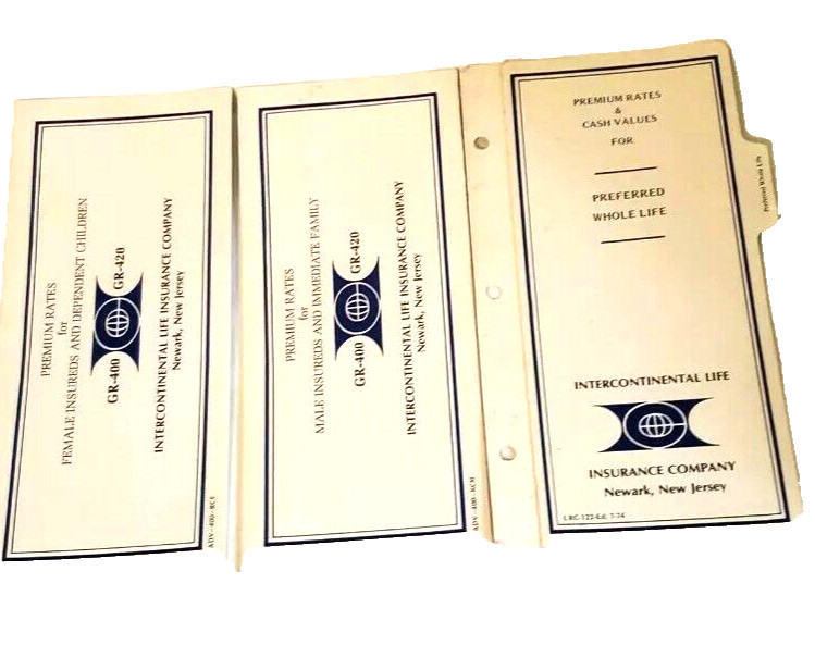 Intercontinental Life Insurance Company Newark NJ Premium Rate Cards 1970s