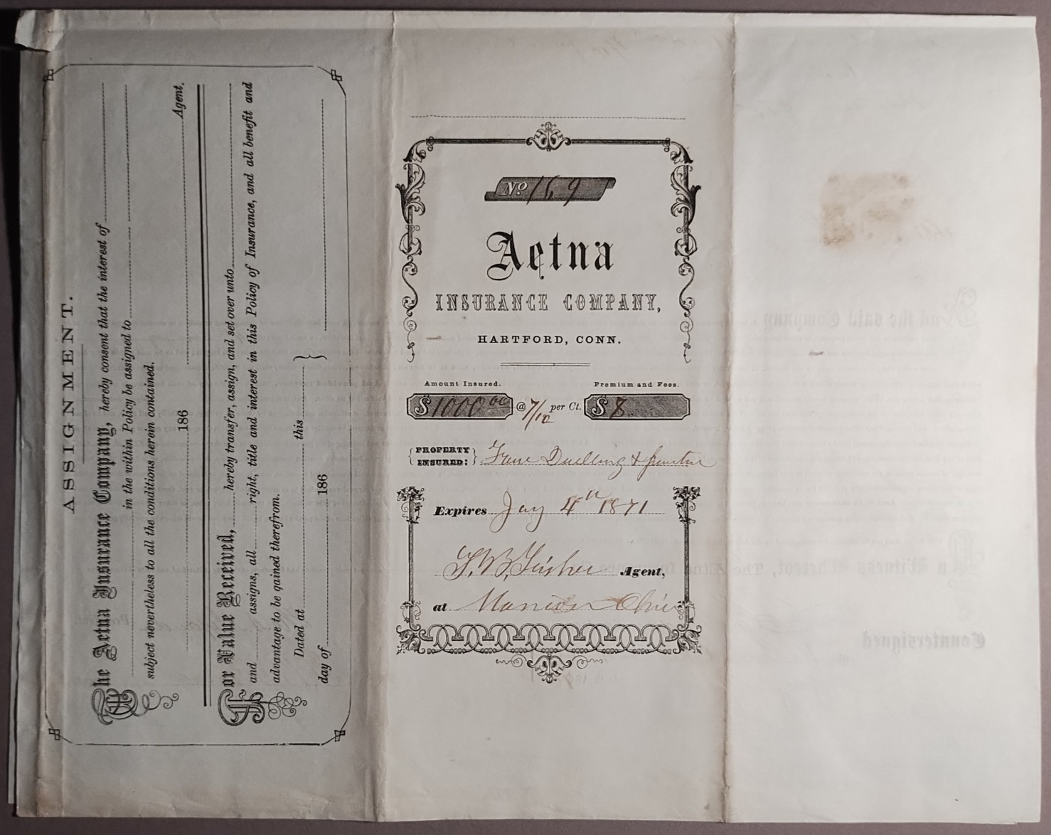 1870 Aetna Insurance Company Hartford CT Home Insurance Policy Marion OH B5-109