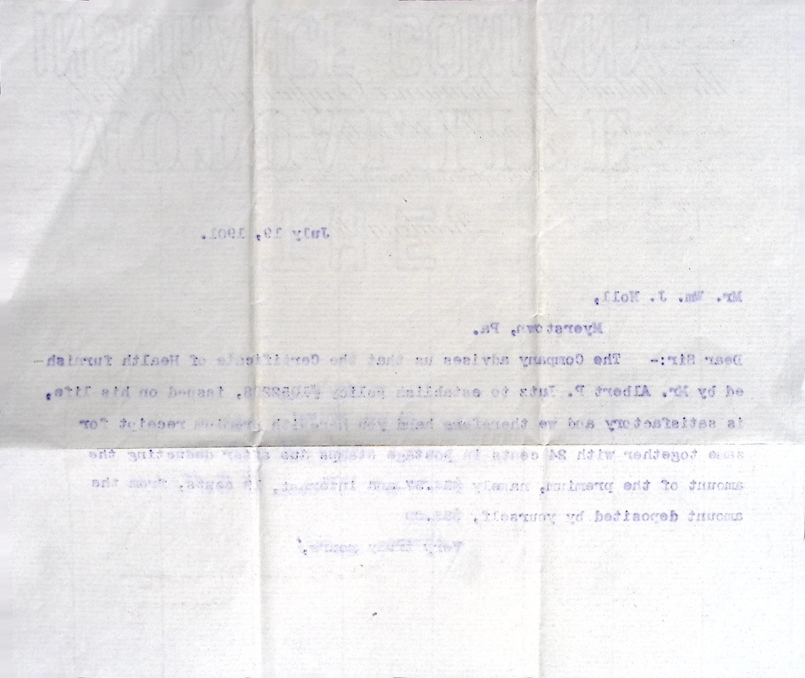 1901 Mutual Life Insurance Company New York Typed Letter Reading Pa Ephemera