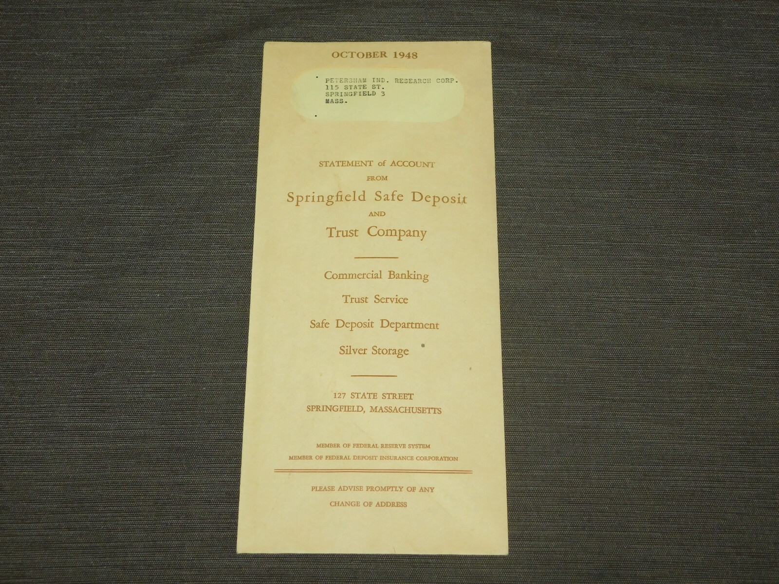 VINTAGE BANK 1948 SPRINGFIELD MASS SAFE DEPOSIT TRUST COMPANY ACCOUNT STATEMENT