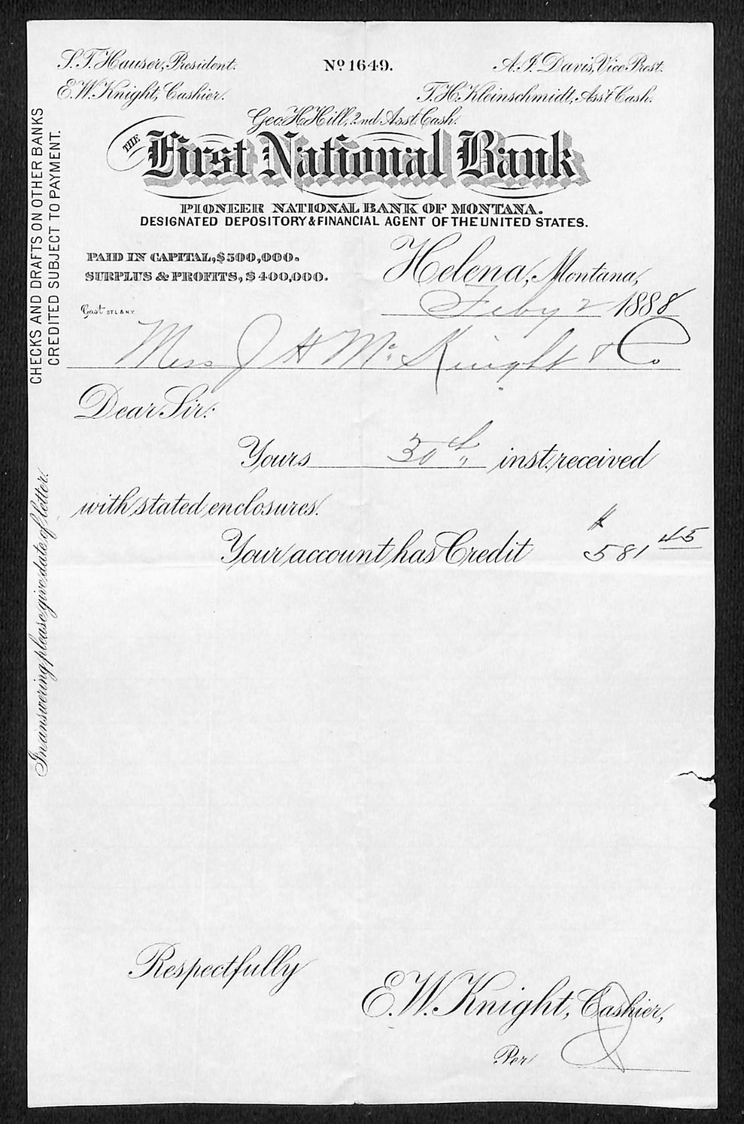 FNB Pioneer National Bank of Montana 1888 Helena Receipt E.W. Knight* (#1)