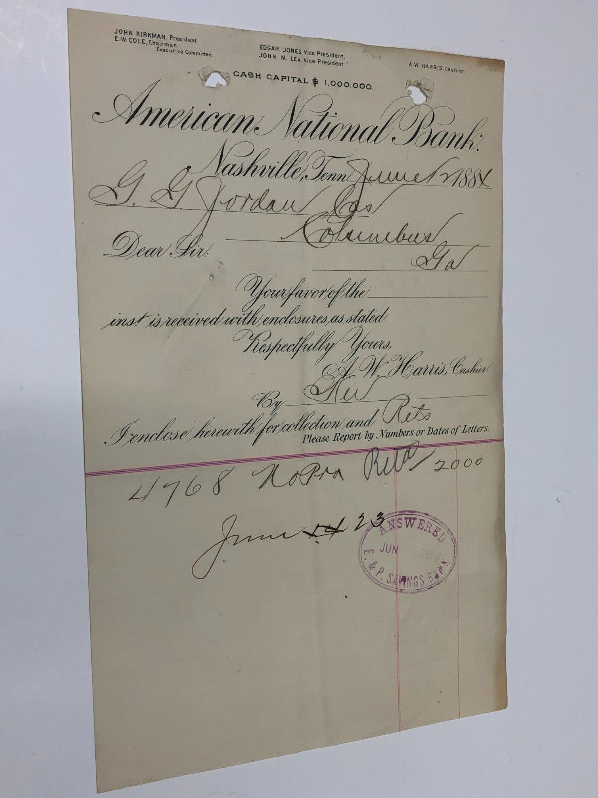 Nashville, TN American National Bank 1884 Document