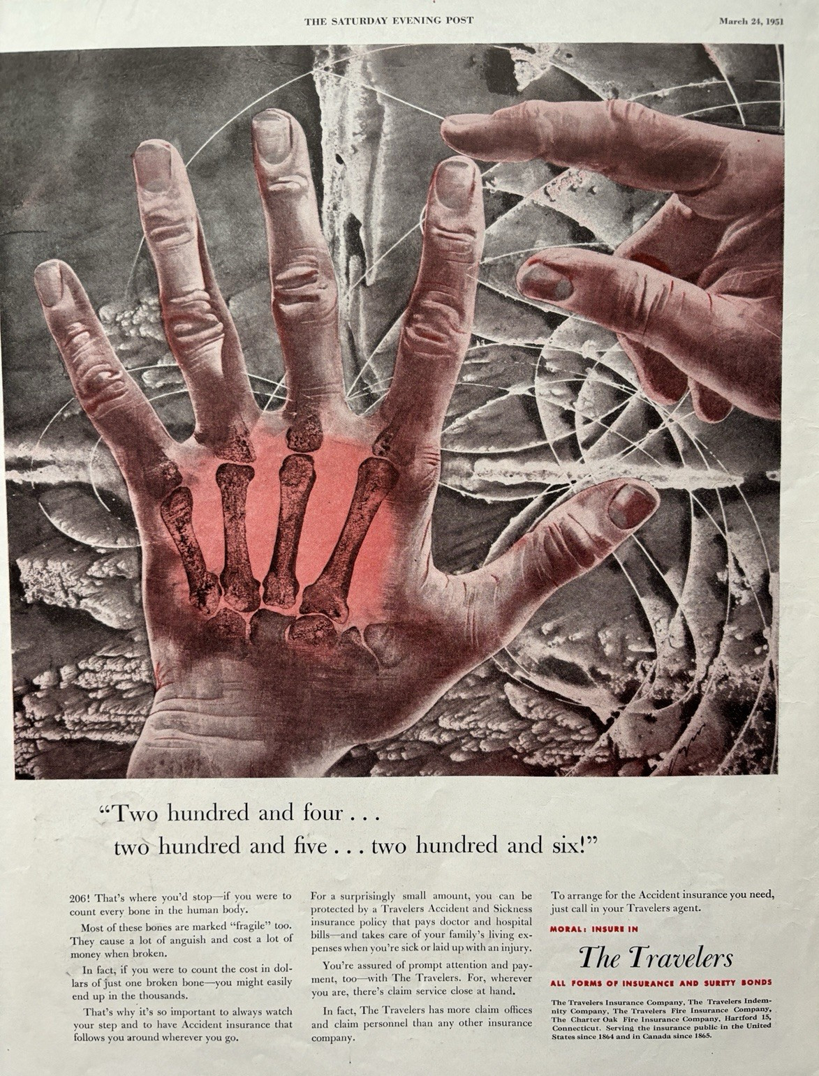 1951 Travelers Insurance Co 206 Bones Human Body Accident Agent VTG Print Ad