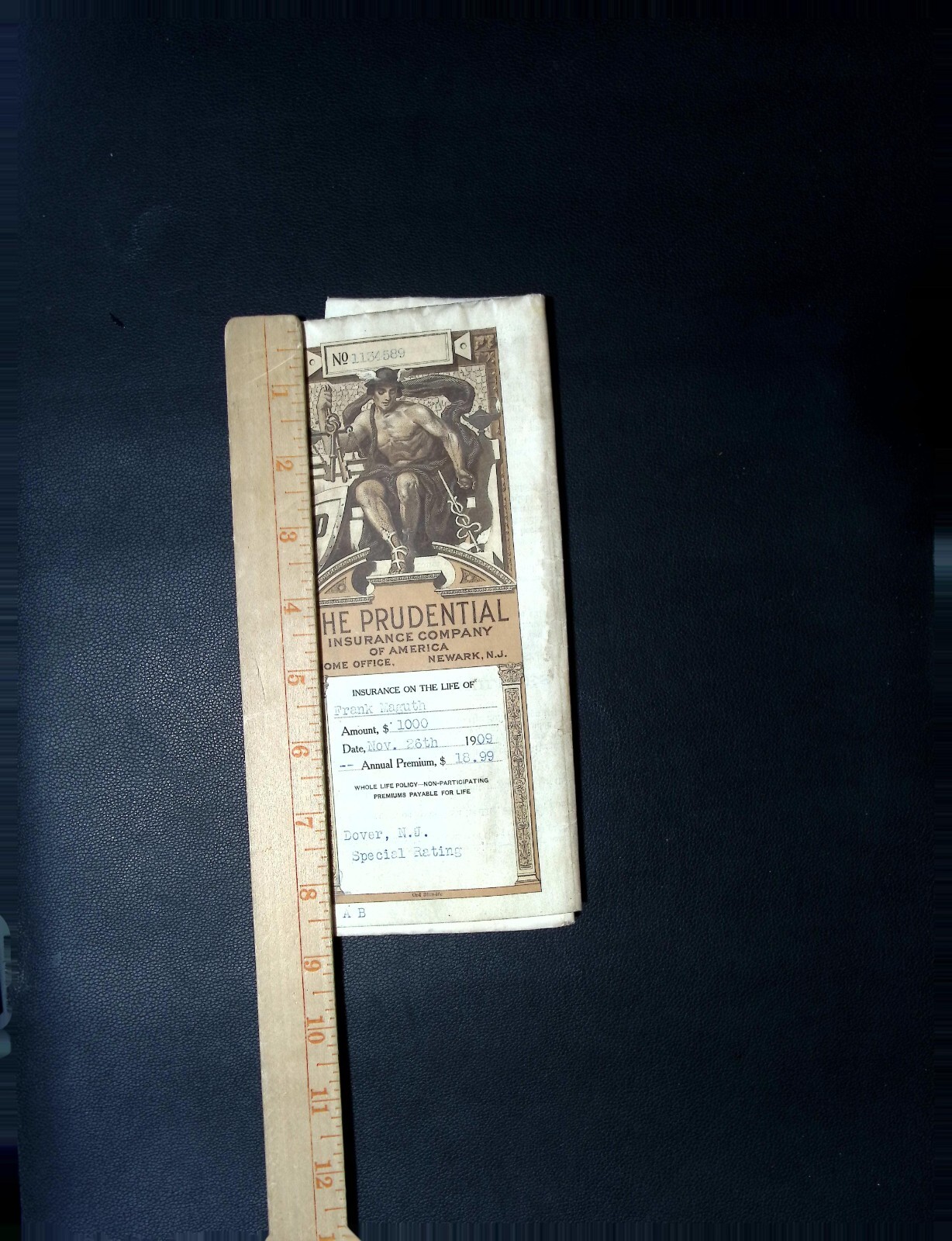 1909 Prudential Insurance Policy Document – Frank Maguth, Newark NJ, Vintage