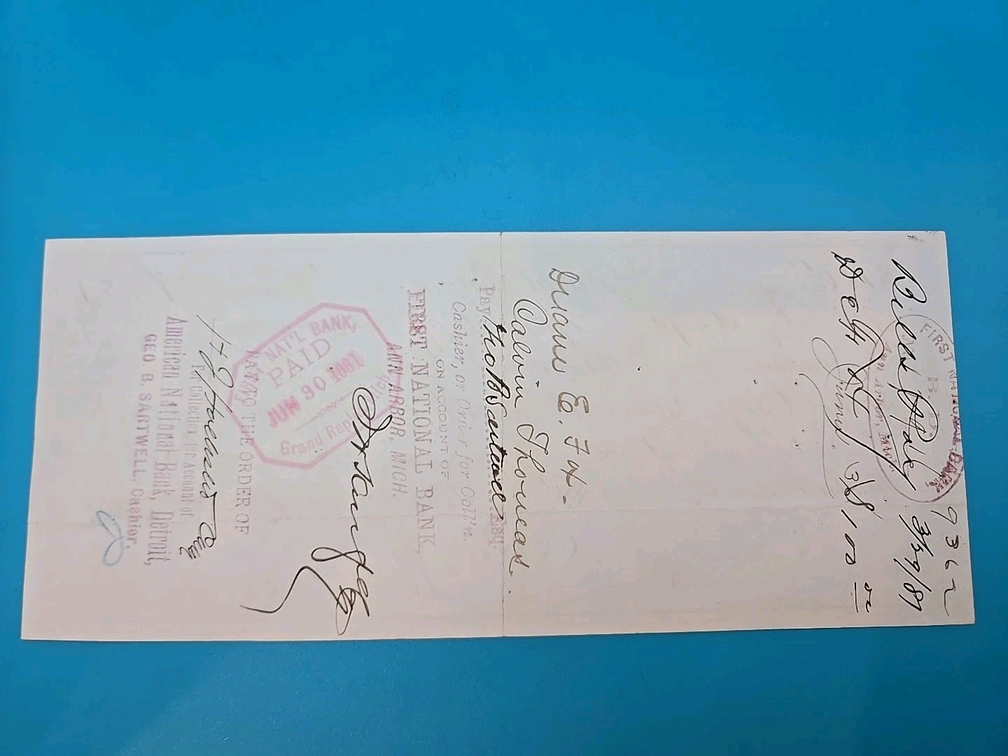Vintage Rare 1881 Check City National Bank Grand Rapids Michigan MI