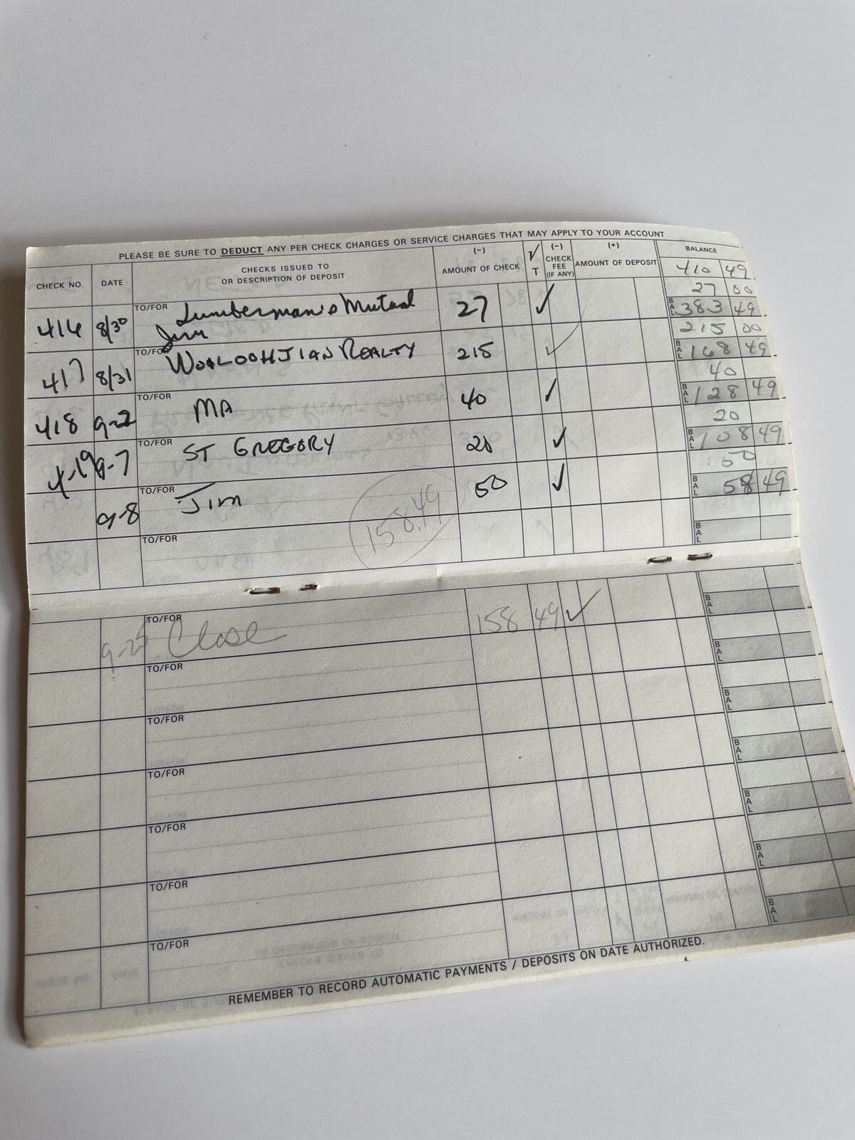 Vintage 1973 Used Check register Banking Ephemera Rhode island Deluxe Bank