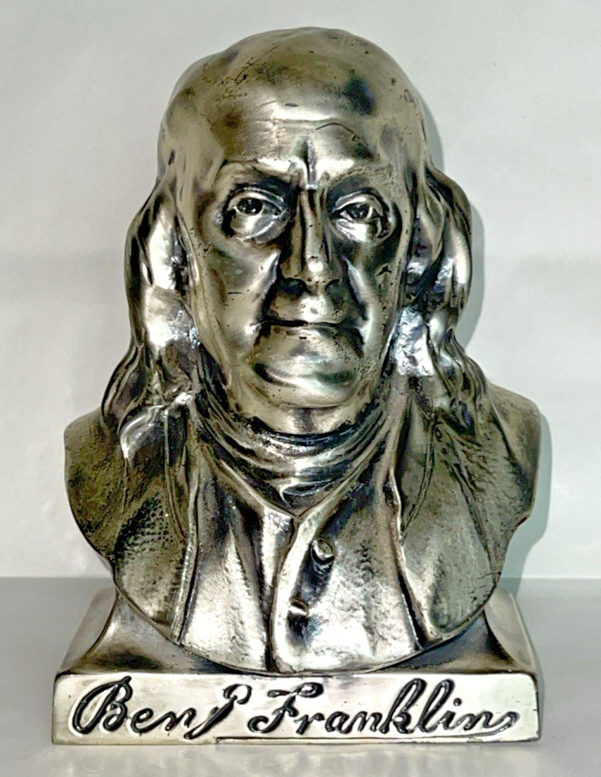 The Franklin Life Insurance Co Ben Franklin Vintage Metal Bust Coin Bank No Key