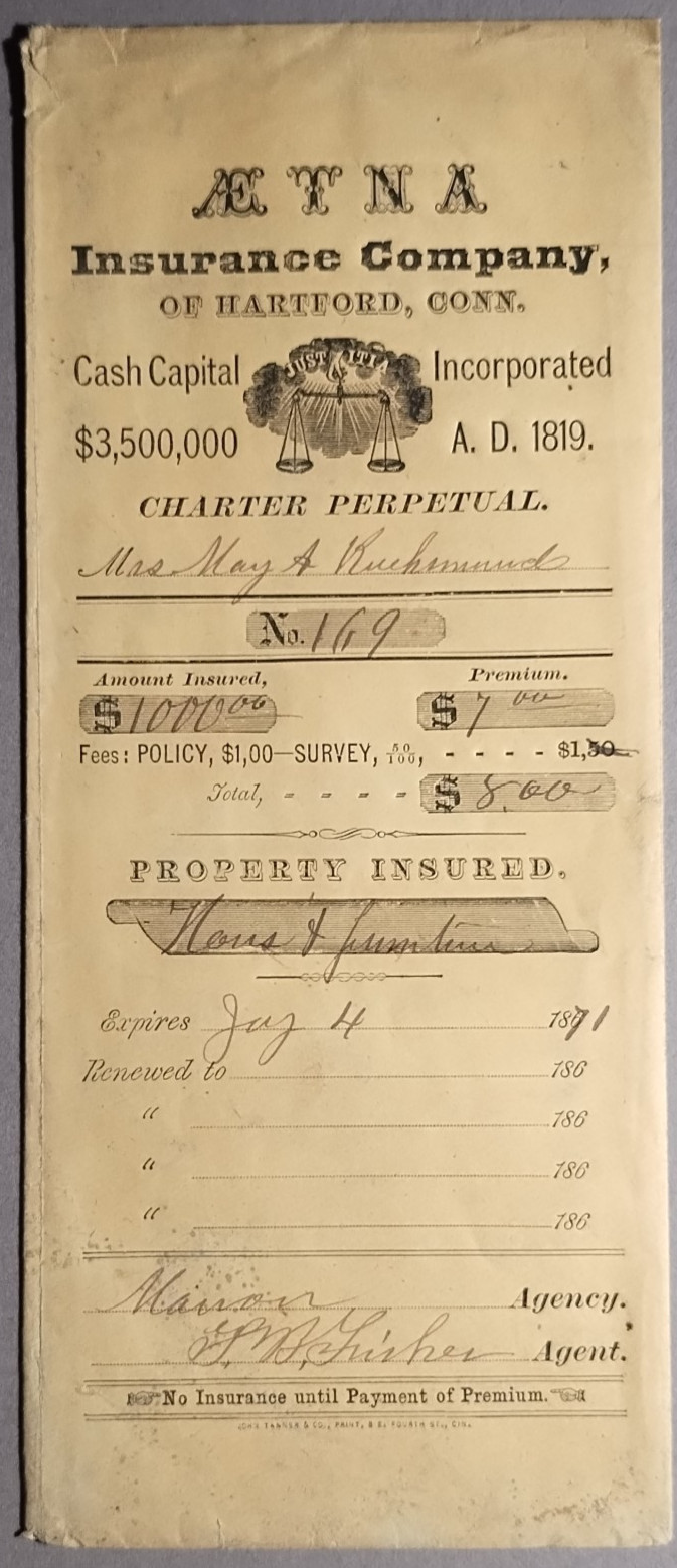 1870 Aetna Insurance Company Hartford CT Home Insurance Policy Marion OH B5-109
