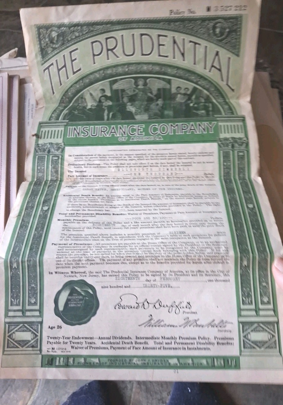 *1935*Prudential Insurance Co policy document beautiful art work