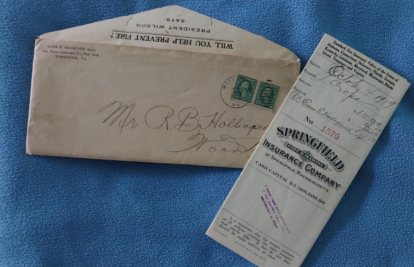1919 Vintage Springfield Fire & Marine Insurance Policy CROP w/envelope Virginia