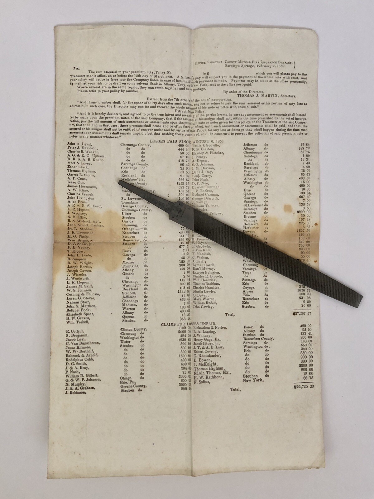 1852 Saratoga County Mutual Fire Insurance Co Historic Saratoga Springs NY Paper