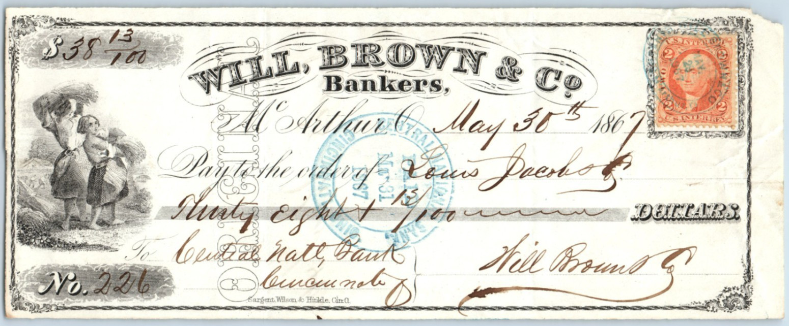 1867 Will Brown & Co Cincinnati, Ohio Bank Check w/ 2 Cent Tax Stamp 25 #DC