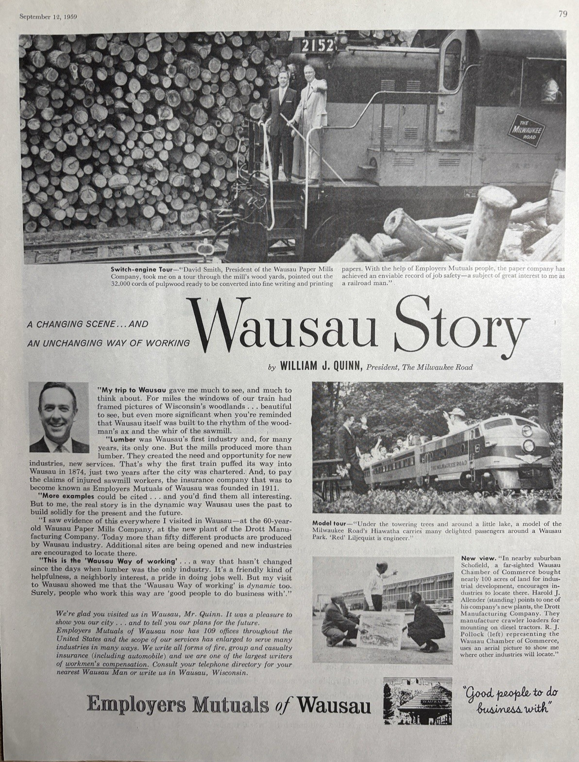 1959 Employers Mutuals Wausau Story David Smith President Paper Co VTG Print Ad