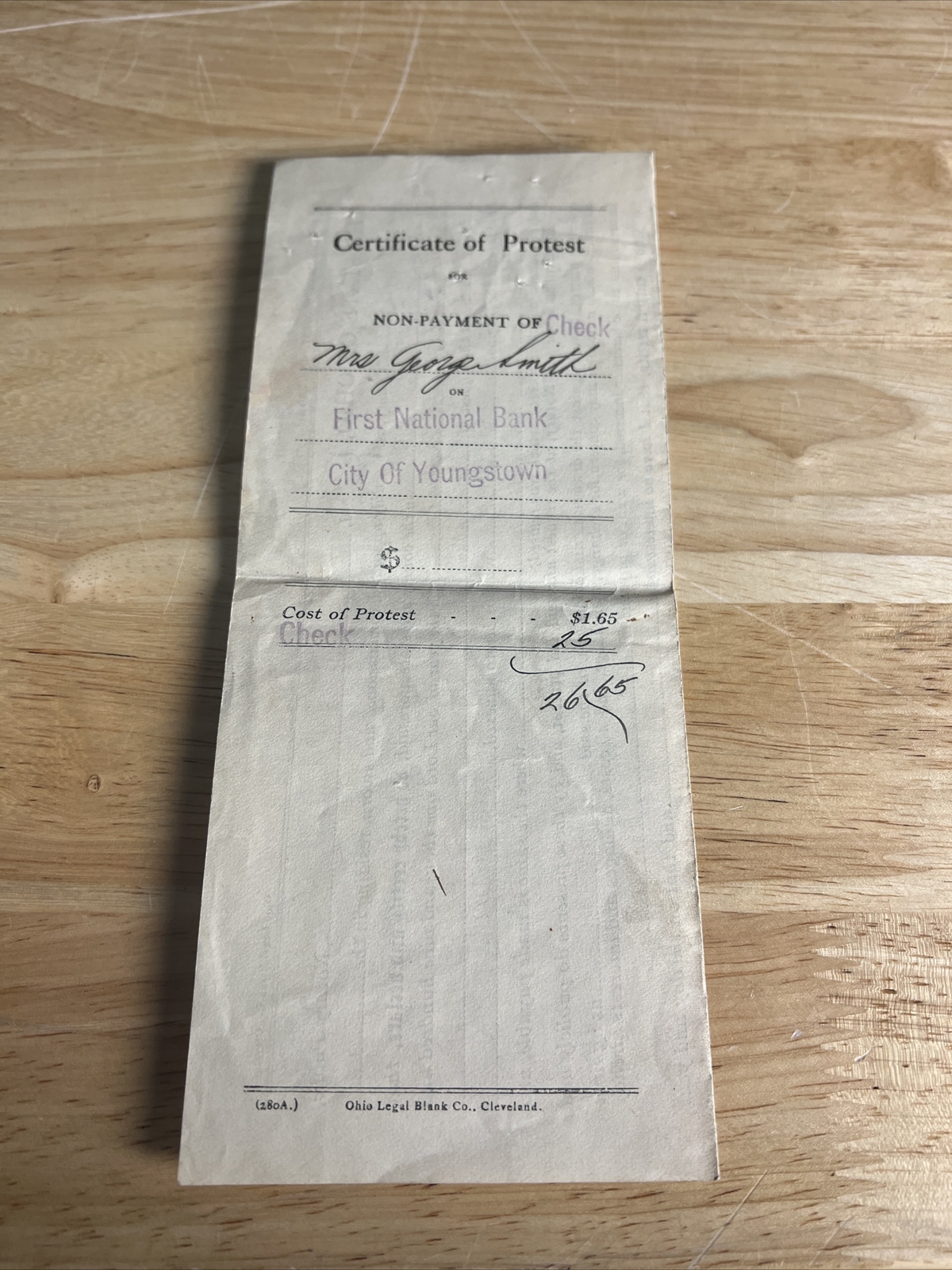 ANTIQUE 1925 CERTIFICATE OF PROTEST FOR NON-PAYMENT CHECK ON FIRST NATIONAL BANK