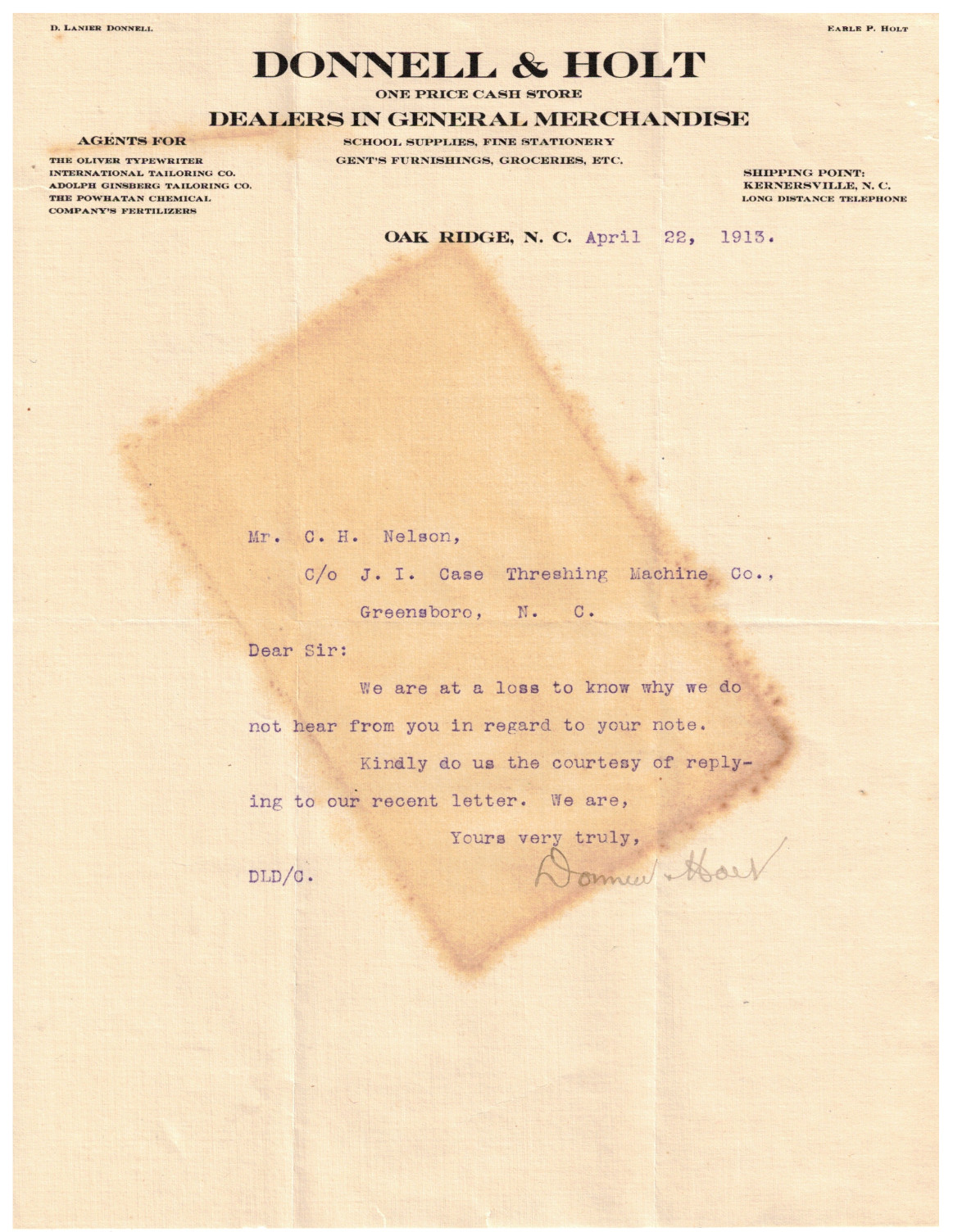 VTG 1912 BOUNCED PROMISSORY NOTE! THE BANK OF KERNERSVILLE, NC~JI CASE THRESHING