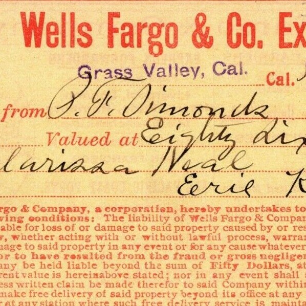 1908 Wells Fargo & Co Express – Grass Valley CA – $104.18 Money Receipt