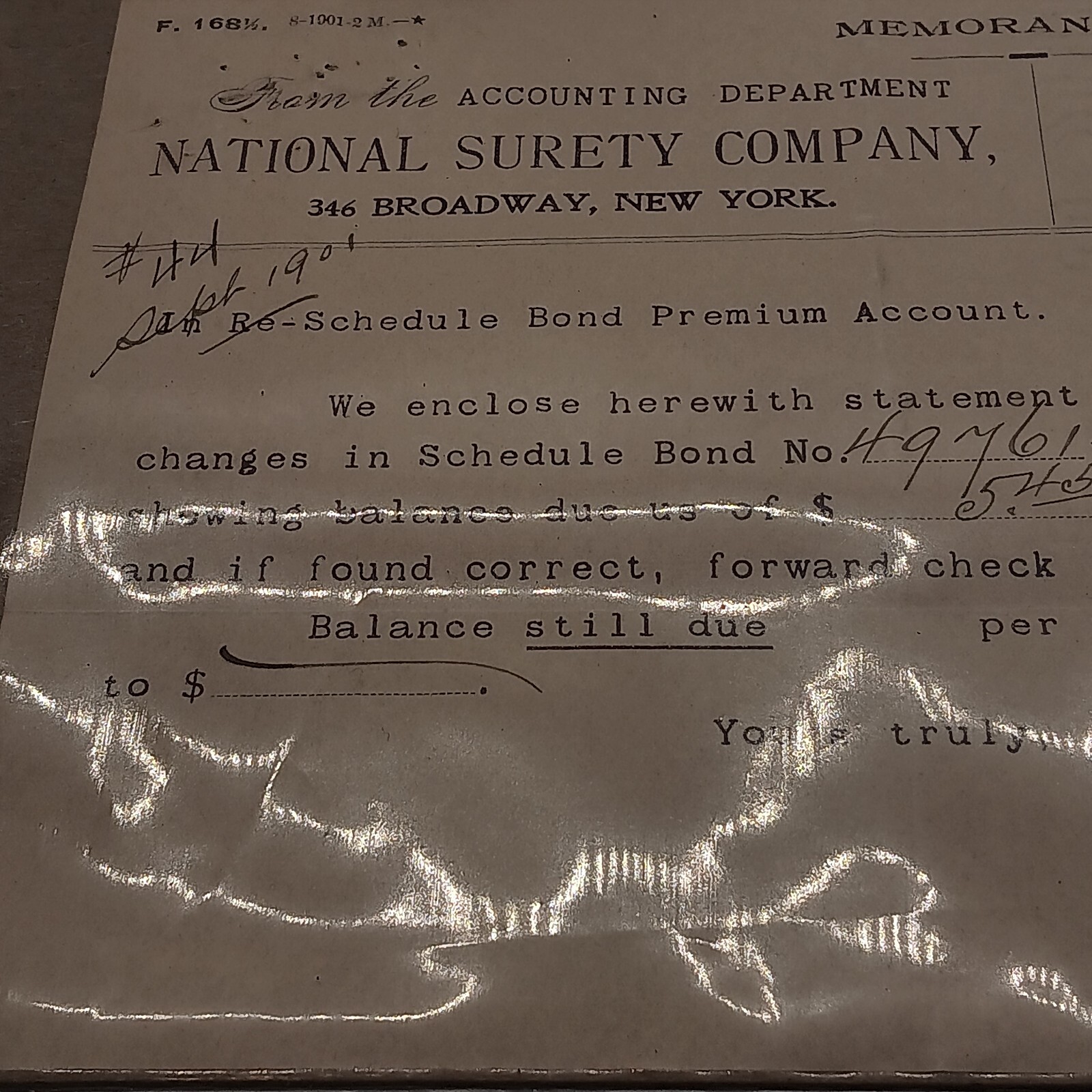 National Surety Company (New York Life Insurance) Bond Account Invoice 1901