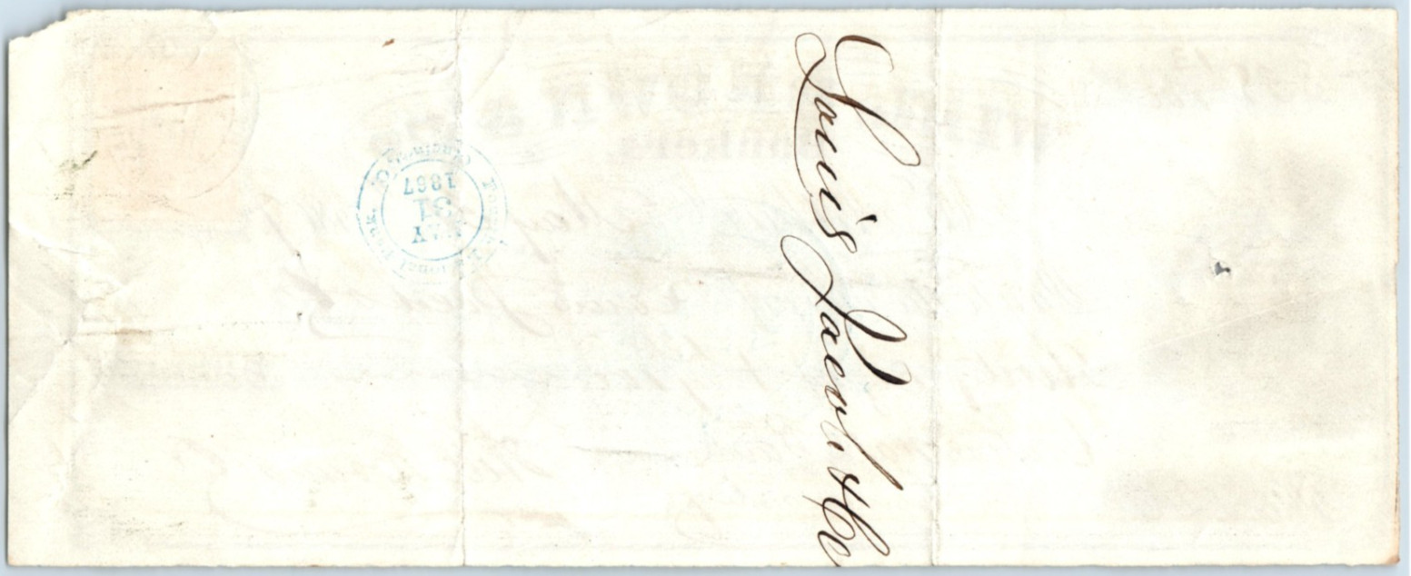 1867 Will Brown & Co Cincinnati, Ohio Bank Check w/ 2 Cent Tax Stamp 25 #DC