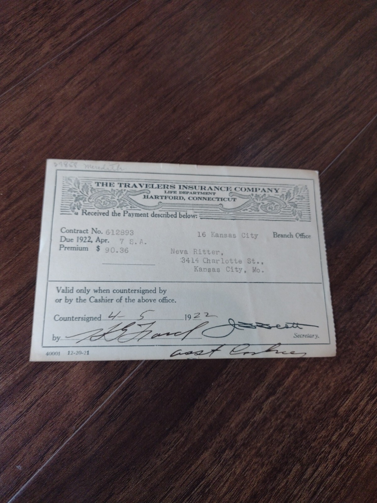 1922 Traveler’s Insurance Life Department Hartford Ct Kansas City Bill Receipt