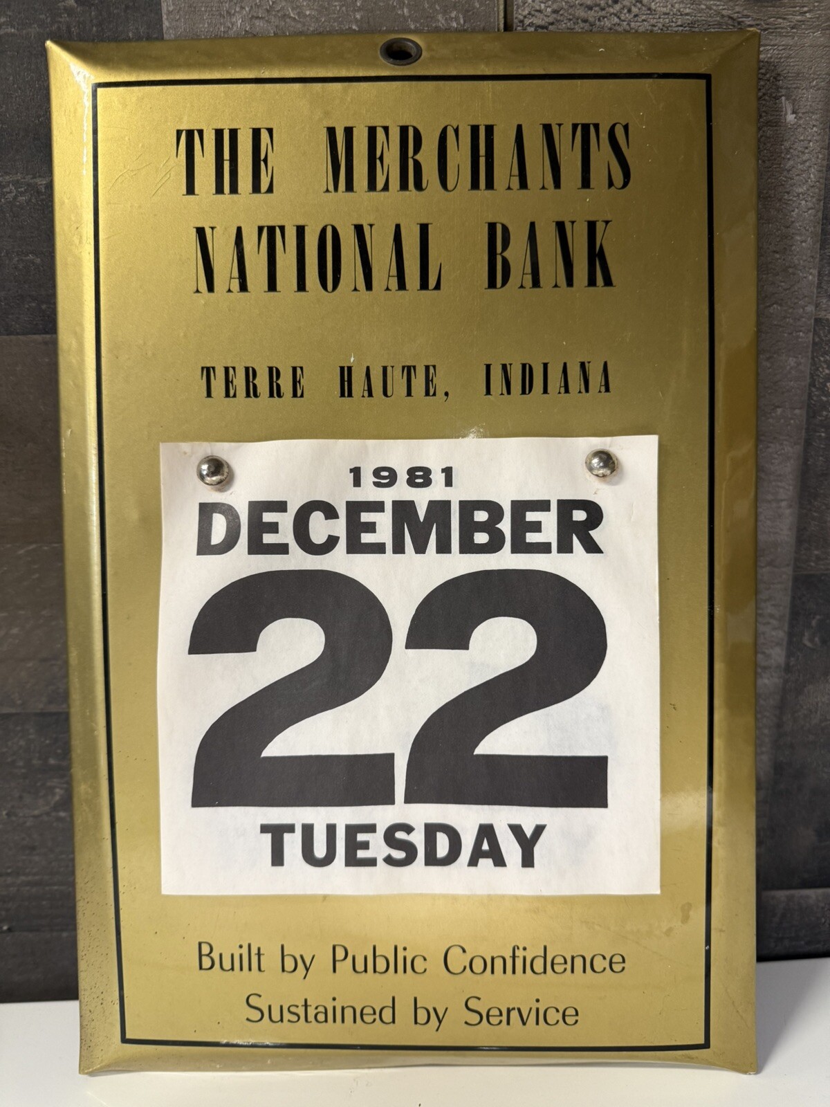 Vintage 1980s Merchant National Bank Terre Haute Indiana Metal Calendar Sign