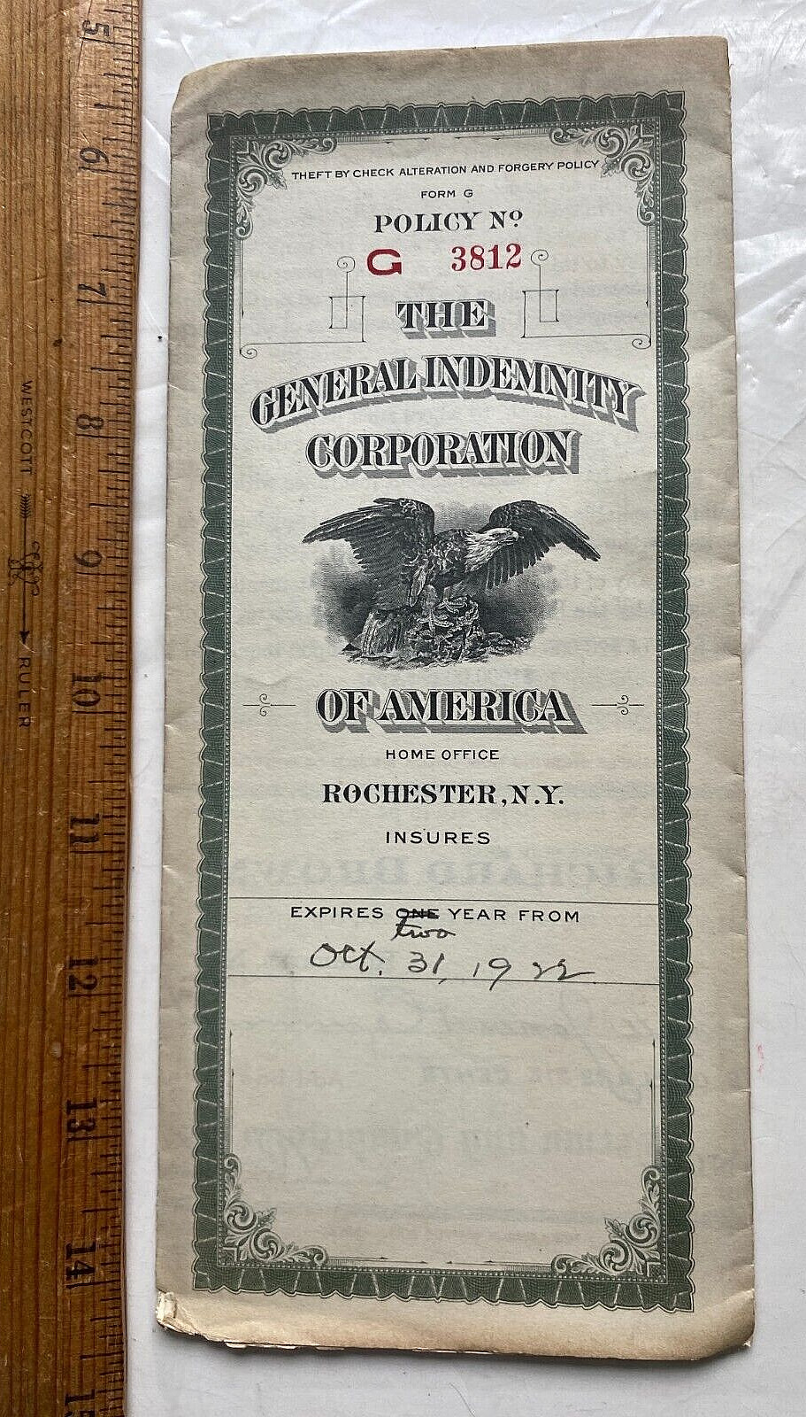 1922 General Indemnity Corp. Fraud Insurance Policy. NJ, IN & IL Railroad Co.