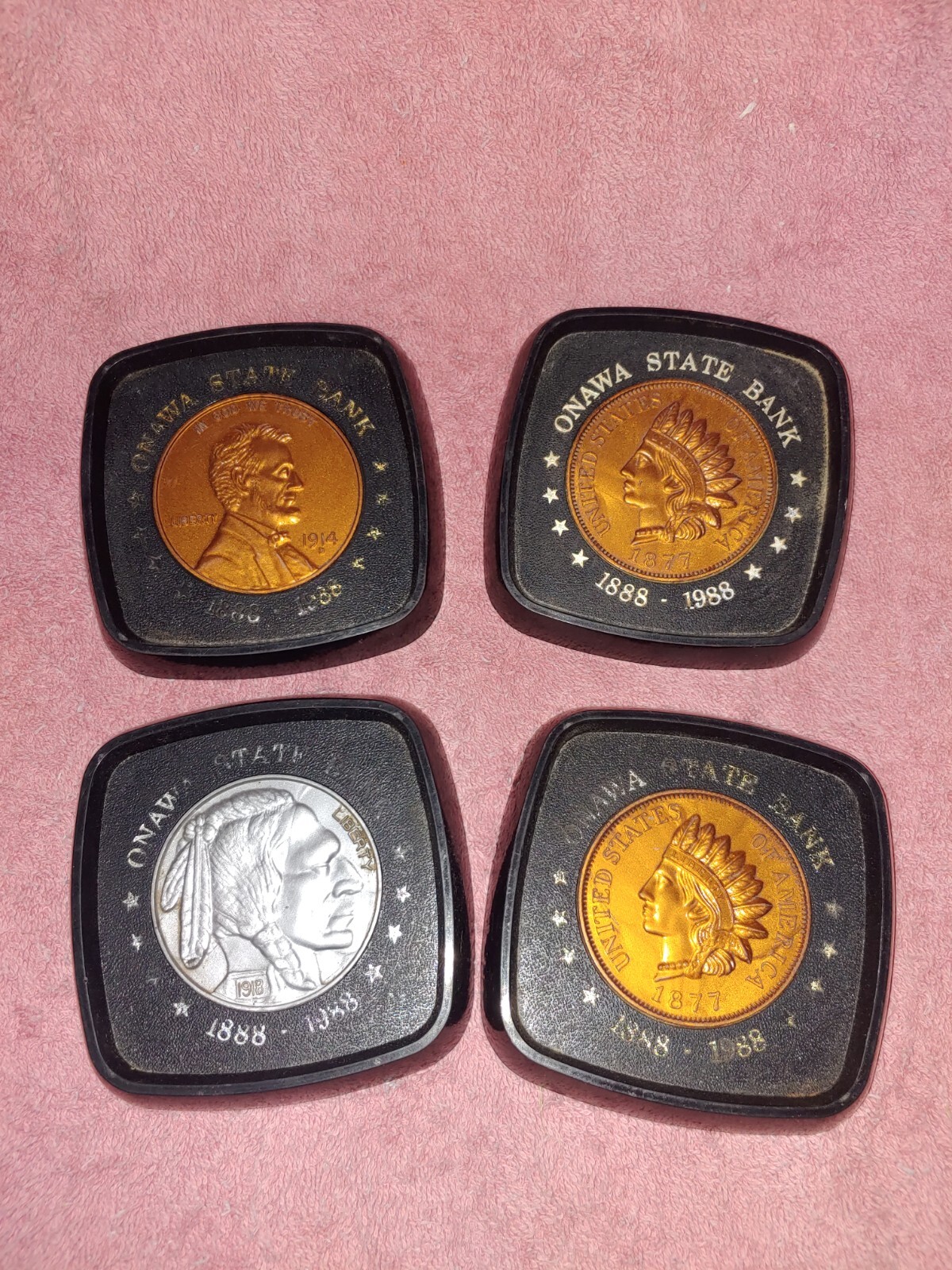 Vintage Onawa Iowa State Bank 1888-1988 Plastic Coin Coasters – Set Of 4