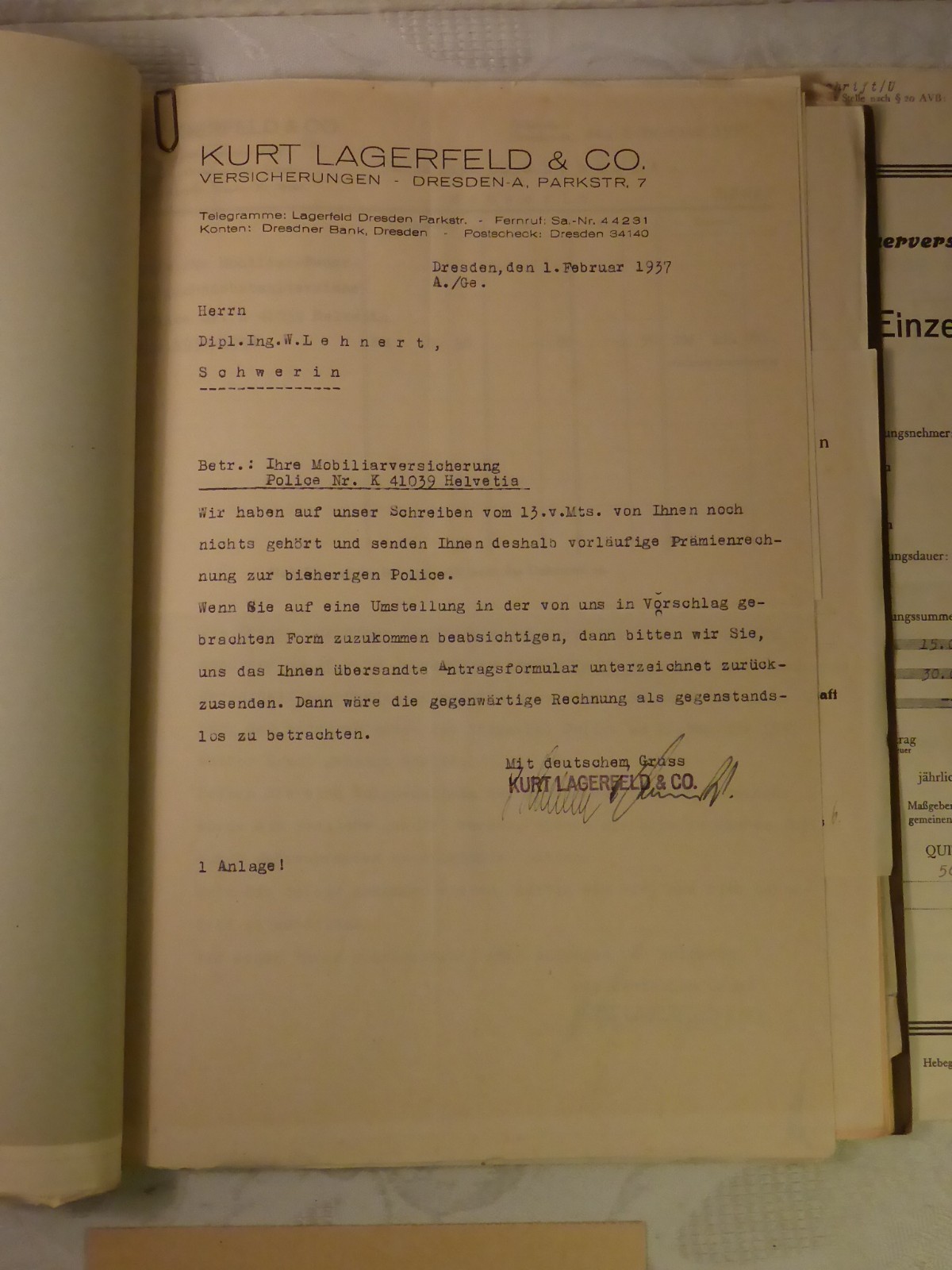 Old Folder With Documents Insurance Policy Insurance Certificate c. 1930-1945