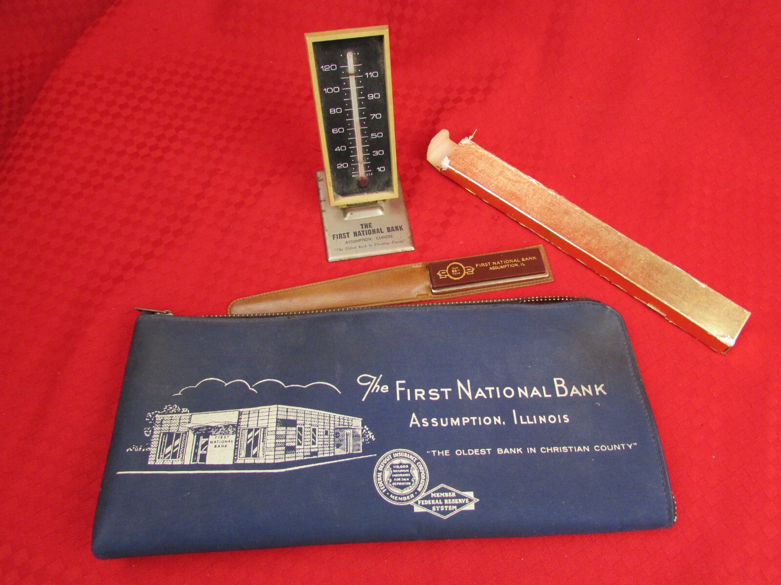 The First National Bank Assumption Illinois Collectibles Bag Thermometer Opener