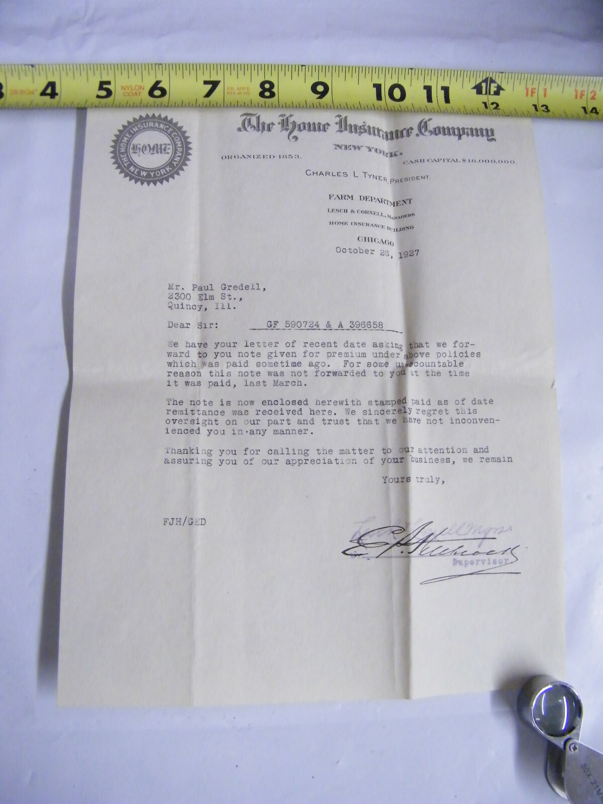 Vintage 1927 Home Insurance Company New York Typed Signed Letter