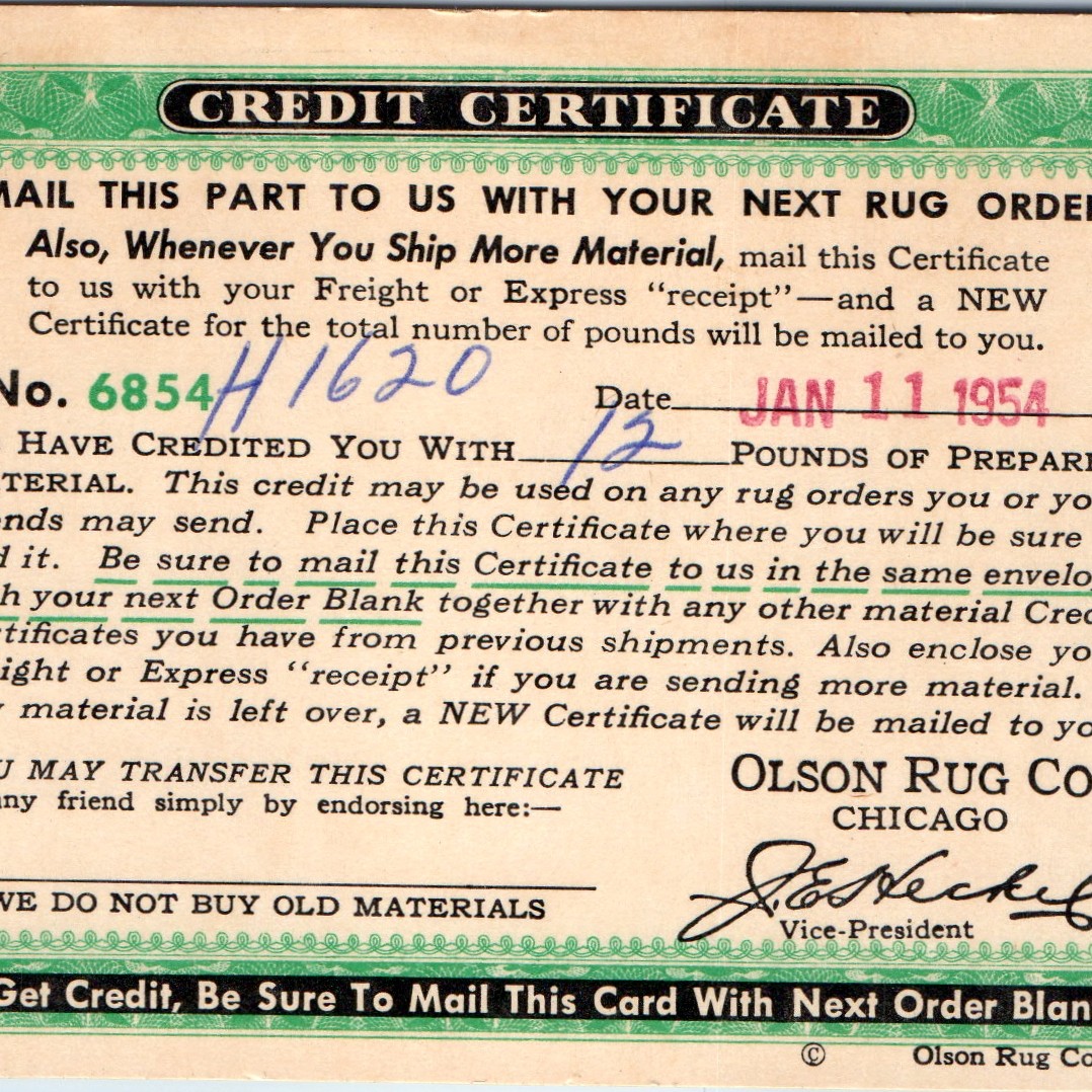 1954 Olson Rug Co Chicago Credit Certificate Receipt Advertising Ephemera Vtg