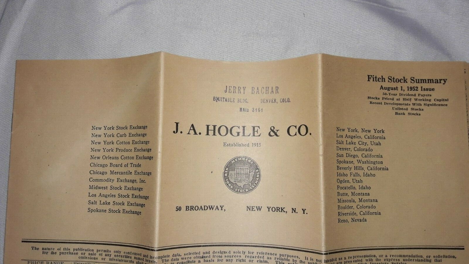 1952, J.A. Hogle & Co., New York, N.Y., Fitch Stock Summary, Stock Tables
