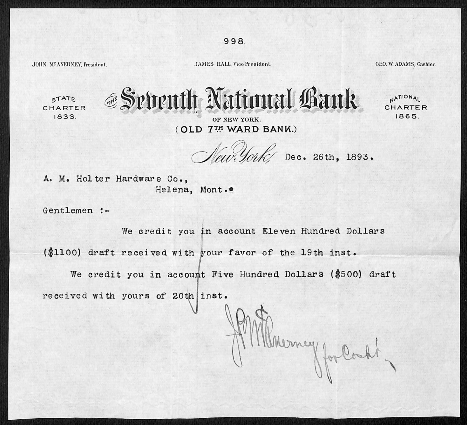 Seventh National Bank New York 1893 TLS Receipt Letterhead A.M. Holter* (#18)