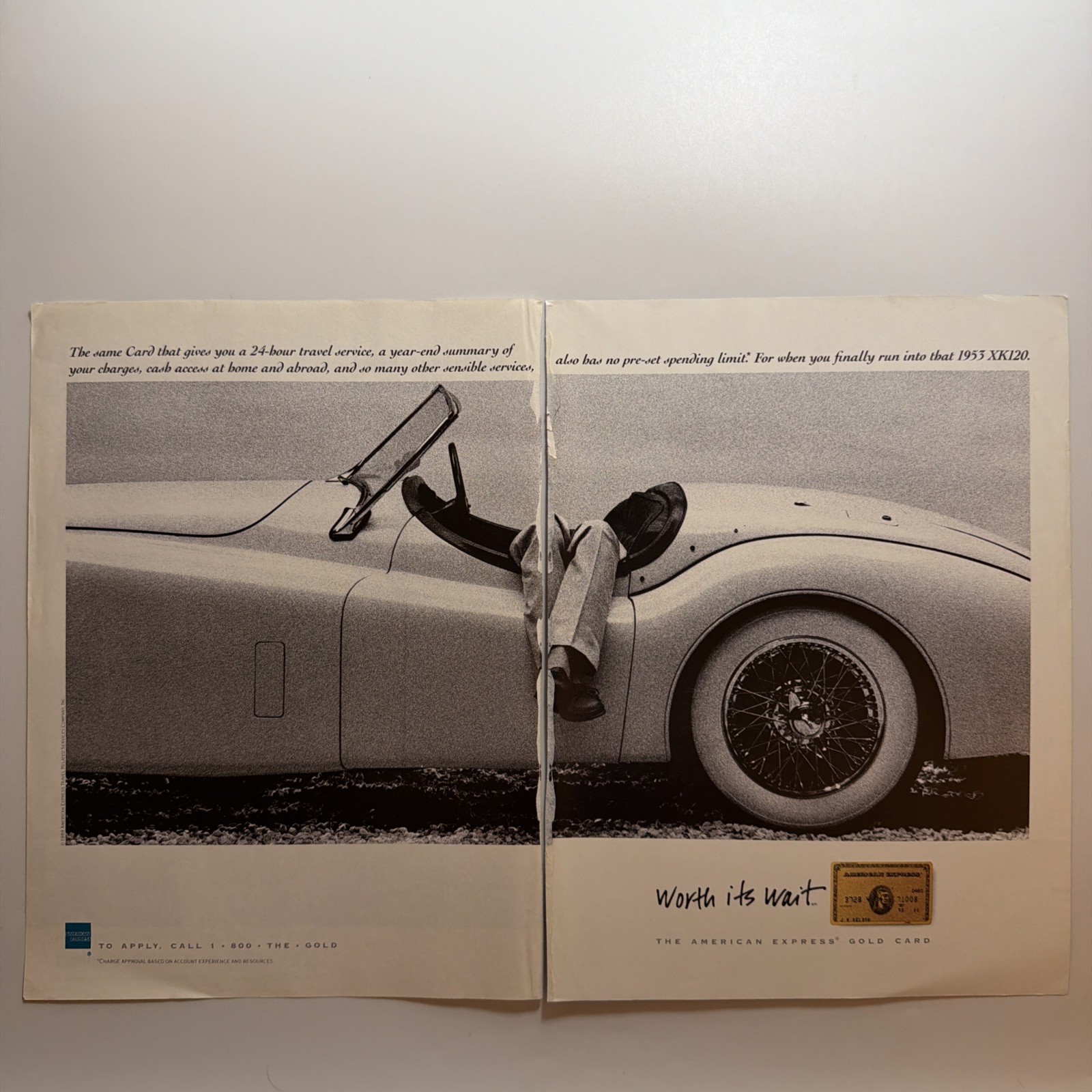 1989 American Express 2 pg PRINT AD Finally that 1953 Jaguar XK120 Convertible