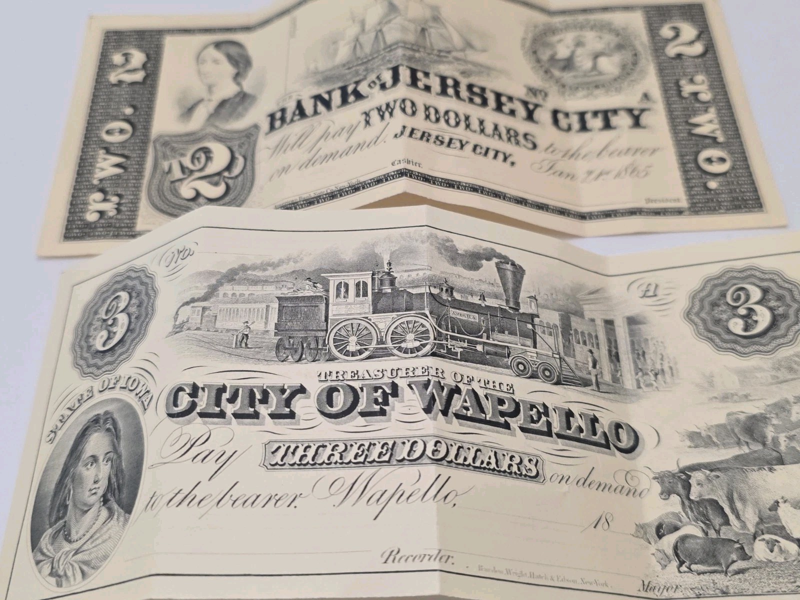 Bank of New Jersey $2 And $3 Iowa/Wapello limited edition reprint