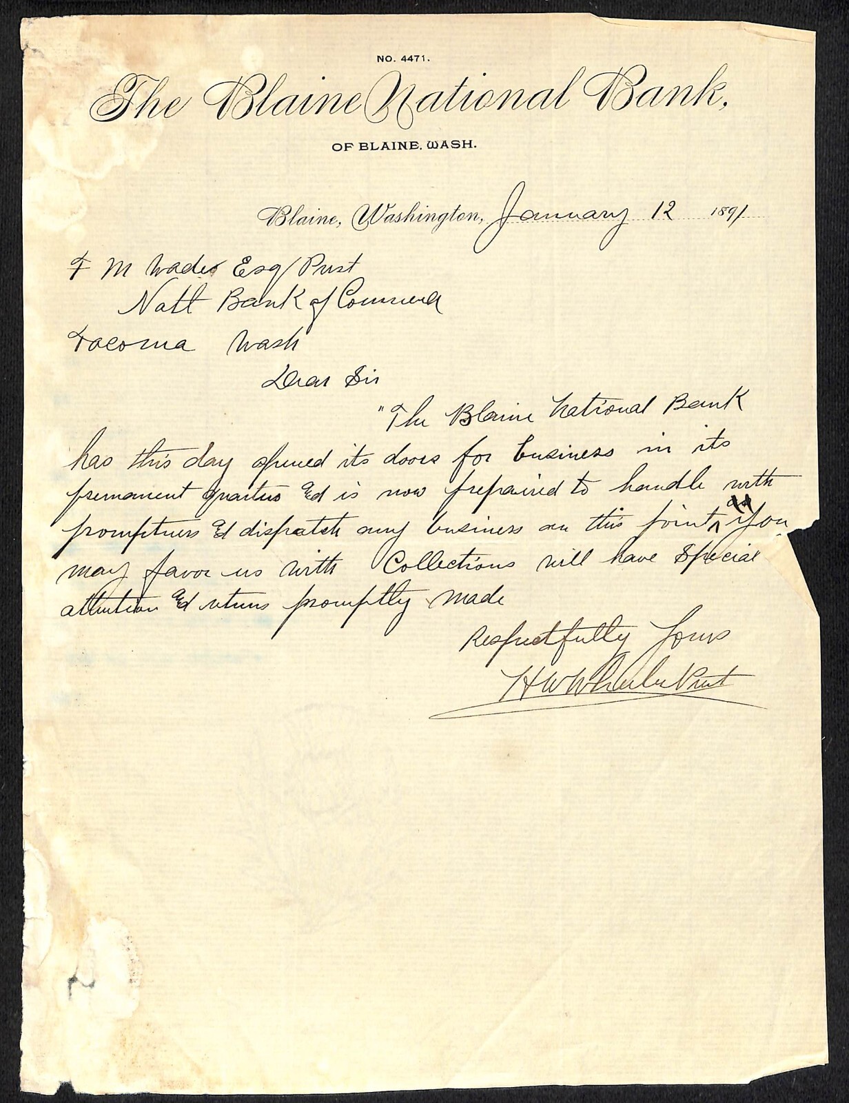Blaine National Bank Blaine, WA 1891 ALS Letterhead re: First Day of Business