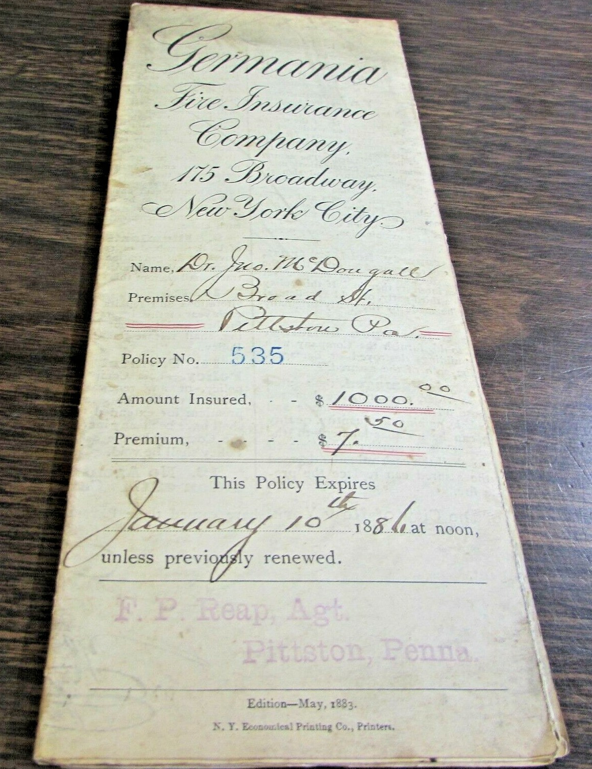 1885 GERMANIA FIRE INSURANCE COMPANY – ORIGINAL POLICY – PITTSTON PA – VG
