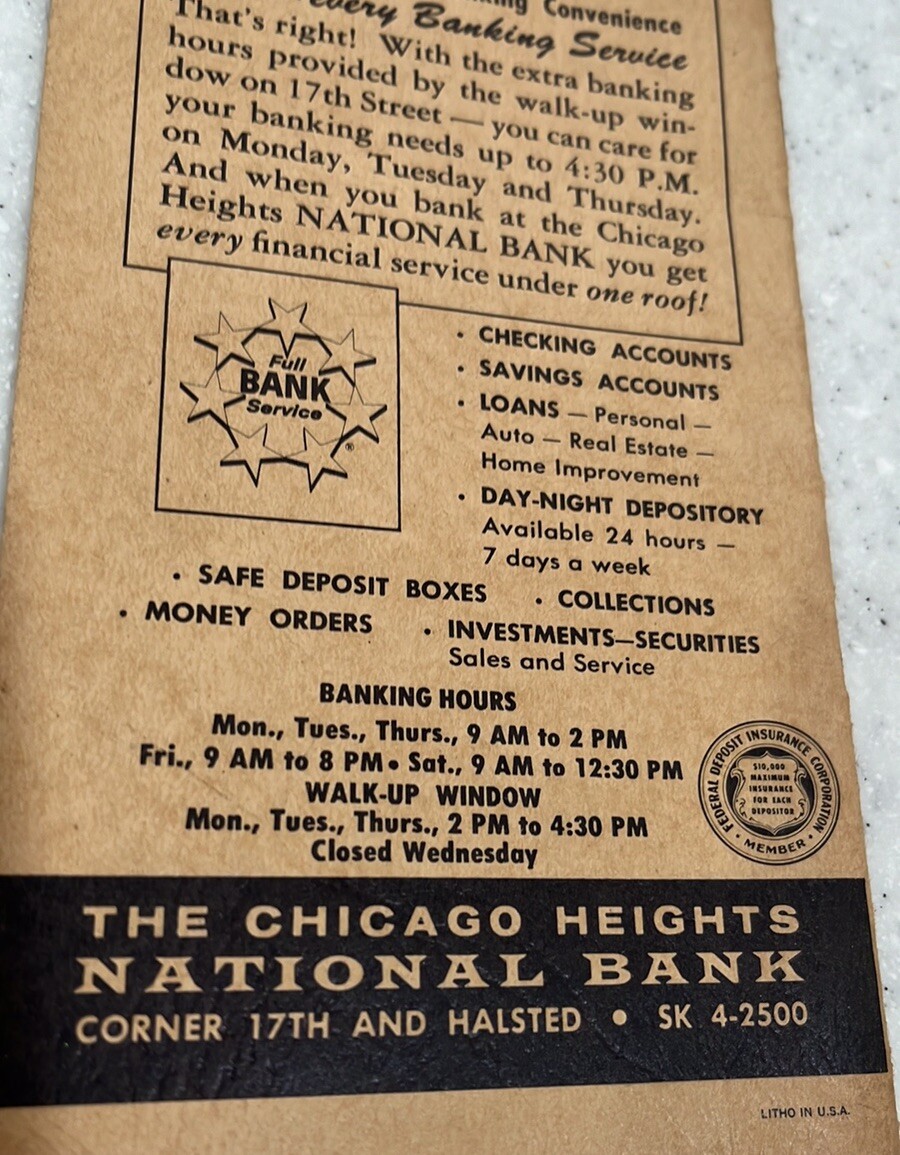 Vtg 1963 Chicago Heights,IL National Bank Pocket Calendar Notebook~Advertising