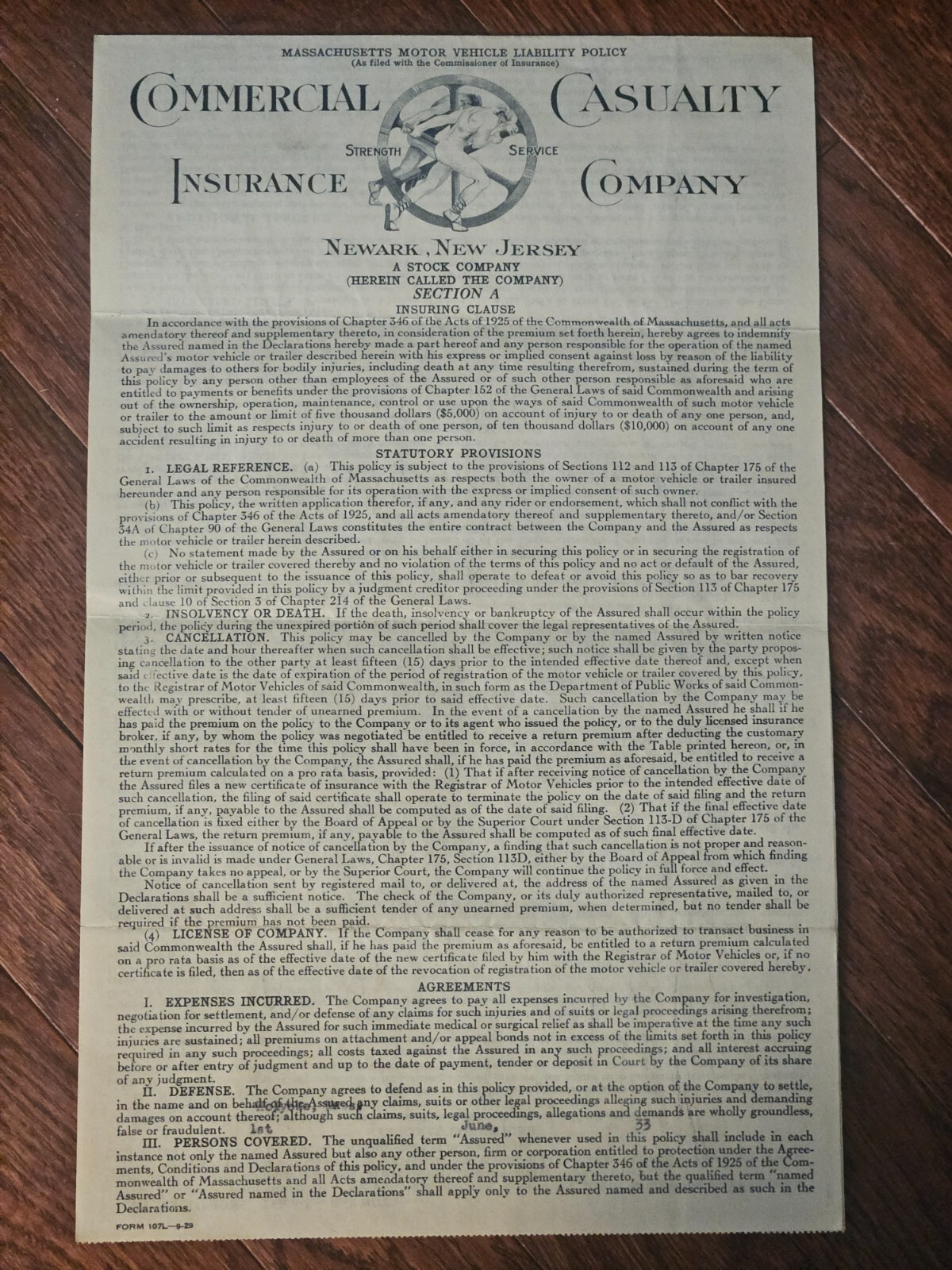 1933 COMMERCIAL CASUALTY INSURANCE COMPANY … VINTAGE MOTOR VEHICLE POLICY