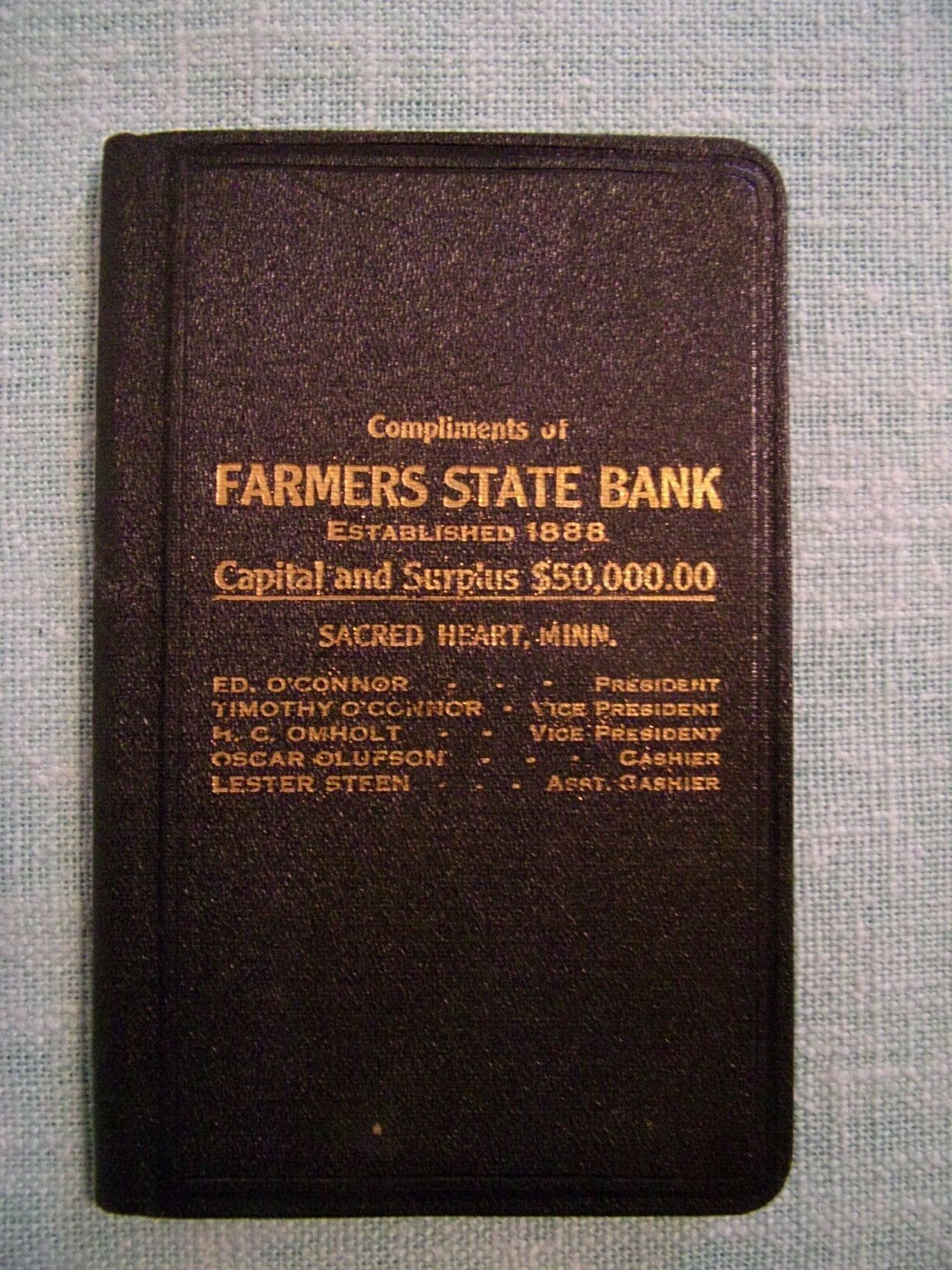 FARMERS STATE BANK SCARED HEART MINNESOTA 1930’S MEMO DATE BOOK