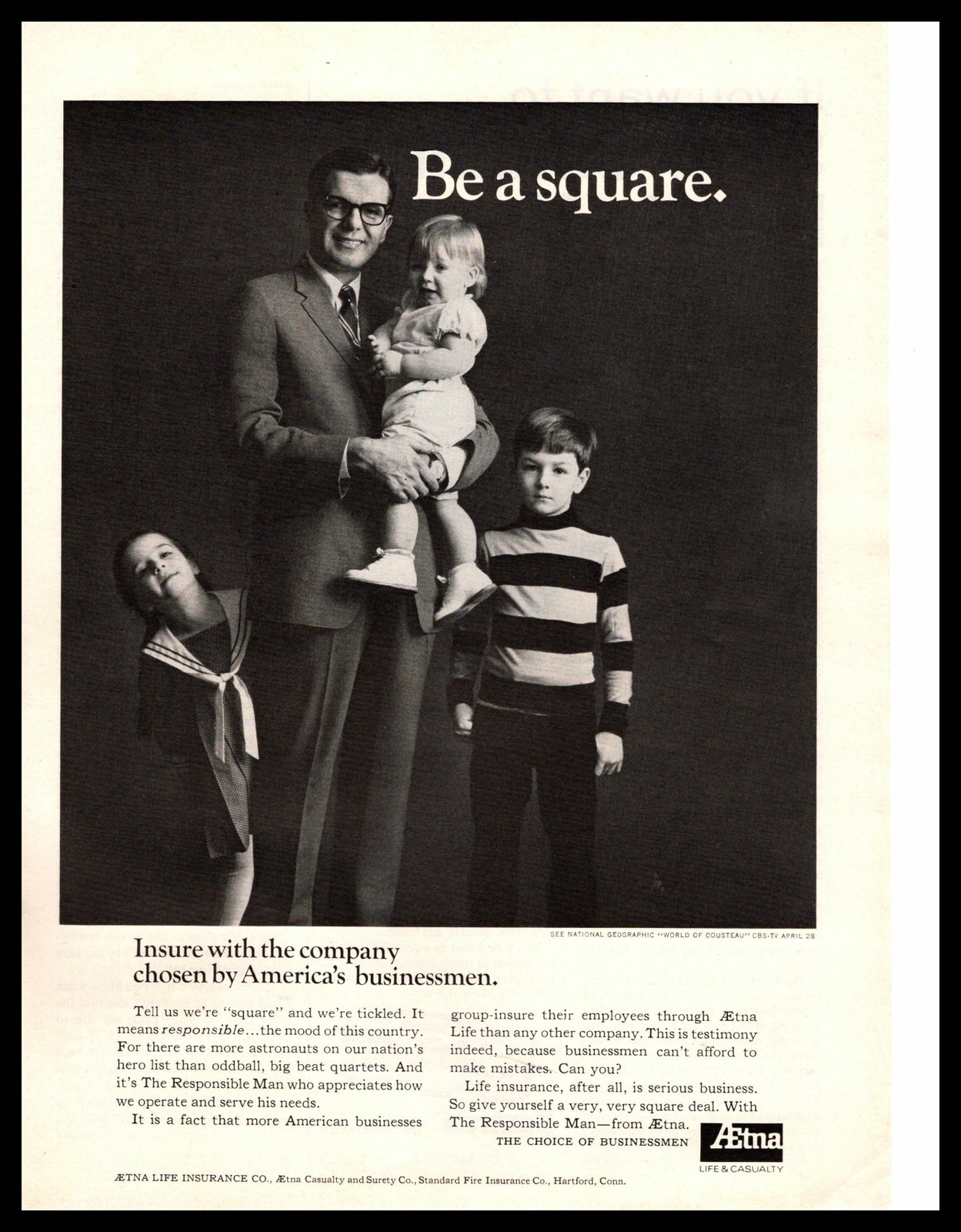1966 Aetna Life Insurance “Be A Square” Man With His 3 Children Picture Print Ad