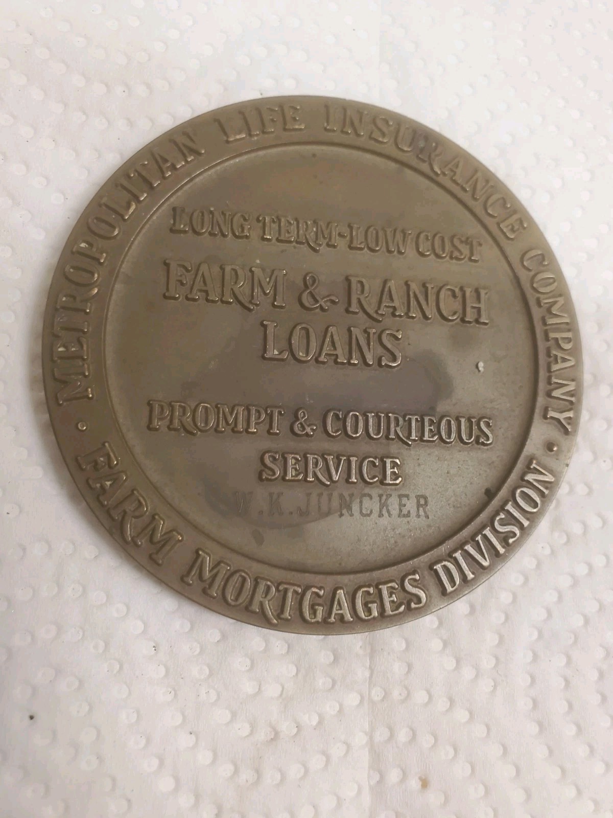 3″ Brass Paperweight Metropolitan Life Insurance Farm Mortgages W K Juncker