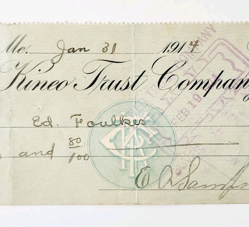 1914 Kineo Trust Company Bank Check E.A. Sampson Dover Maine Signed 6046 CHX8