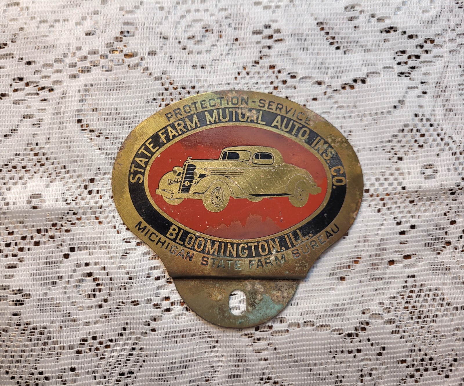 1940s Brass State Farm Insurance Automotive Protection Service Plate Advertising