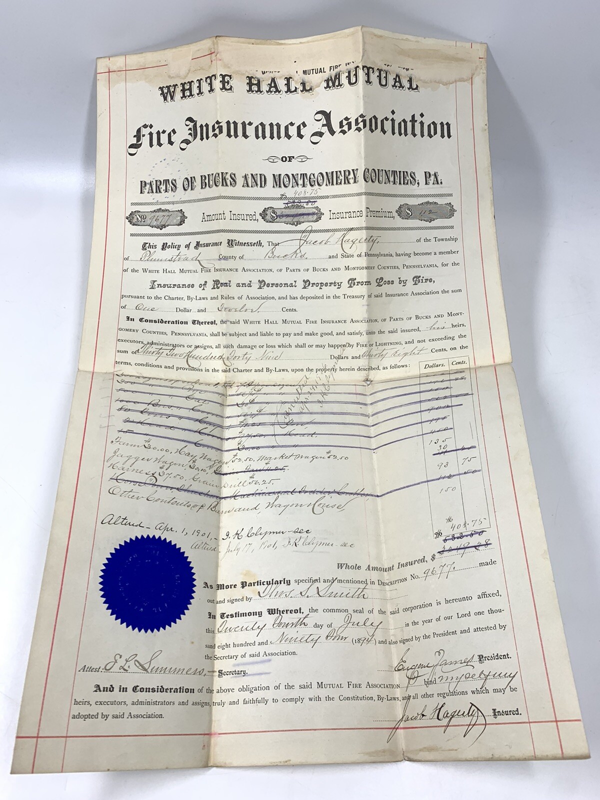 1894 Insurance Policy Whitehall Mutual Bucks Montgomery Plumstead Pennsylvania