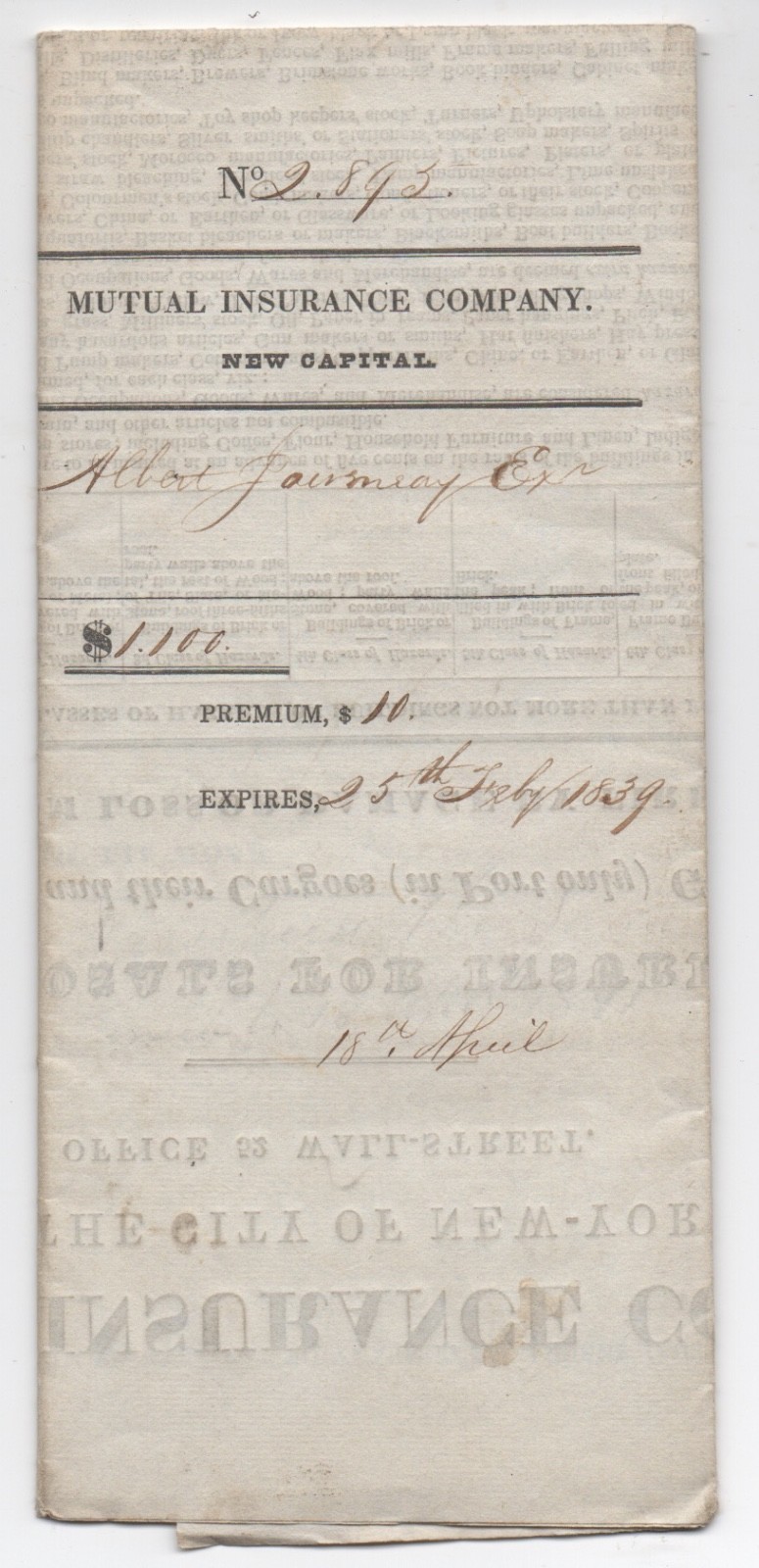 1838 Mutual Insurance Company Policy City of New York