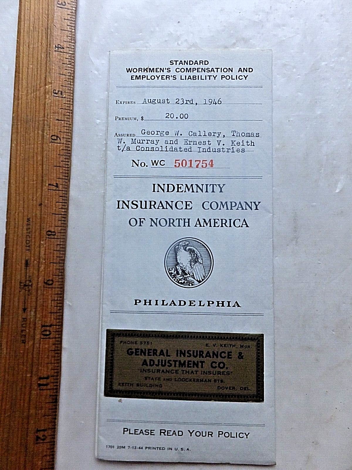 1946 Workmens Comp & Employers Liability Policy. Indemnity Ins. Of North America