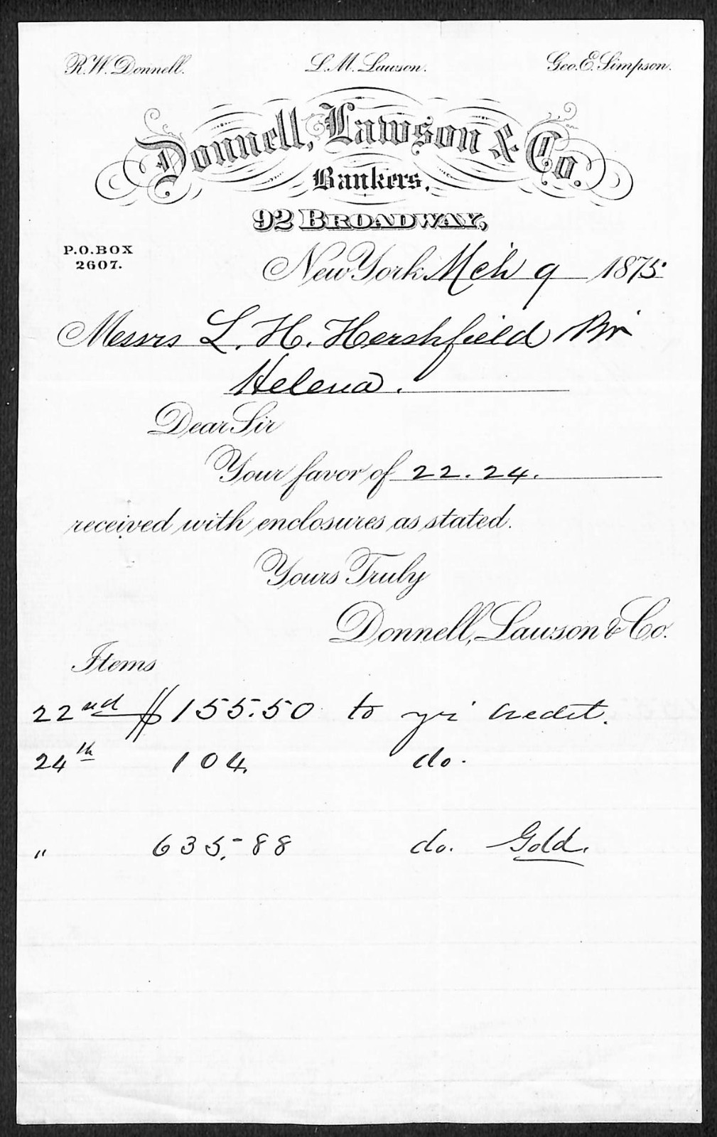 Donnell, Lawson & Co NYC Bankers L.H. Hershfield* 1875 Payment Memo Receipt (12)